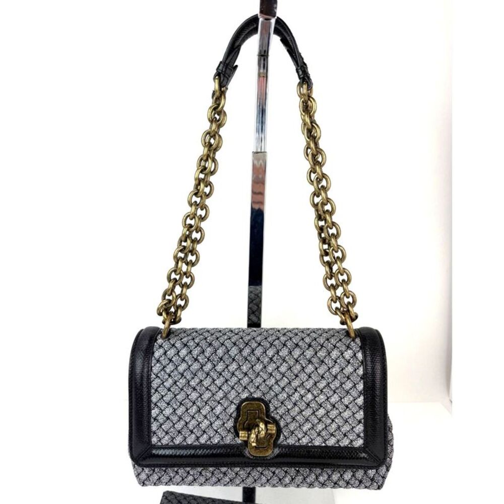 Bottega Veneta Metallic Wool Woven Patent Ayers Olimpia Knot Shoulder Bag